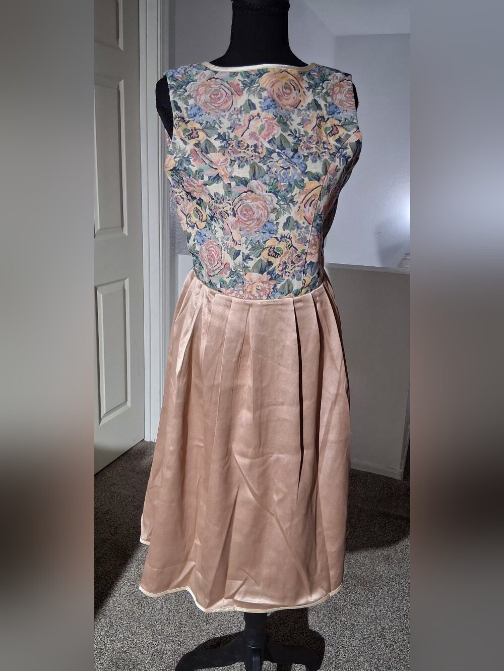 Floral Print Bodice with Blush Satin Skirt Dress
